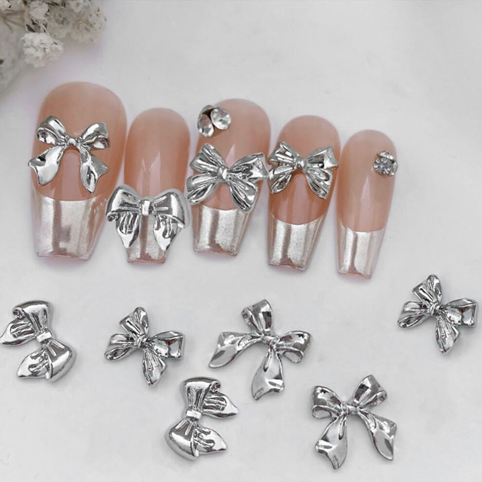 Silver 30Pcs Bow Nail Charms Set, Selfadhesive 3D Metallic Butterfly Nail Decorations For Acrylic Nails