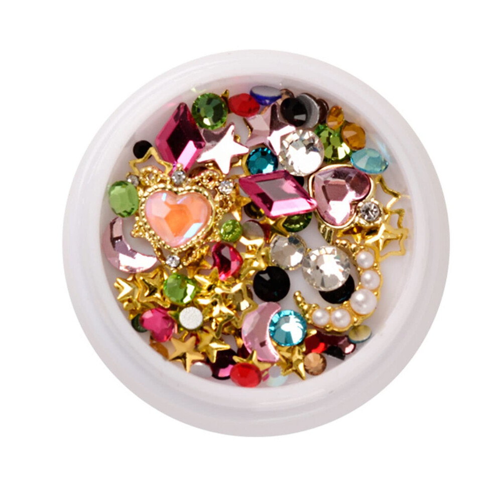 Gold Moon Star 3D Nail Studs with Multicolor Rhinestones for Nail Art Decorations and Crafts