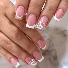 Valentine's Day Press On Nails Short Pink French Tip Heart Design Fake Nails Set with Adhesive Tabs