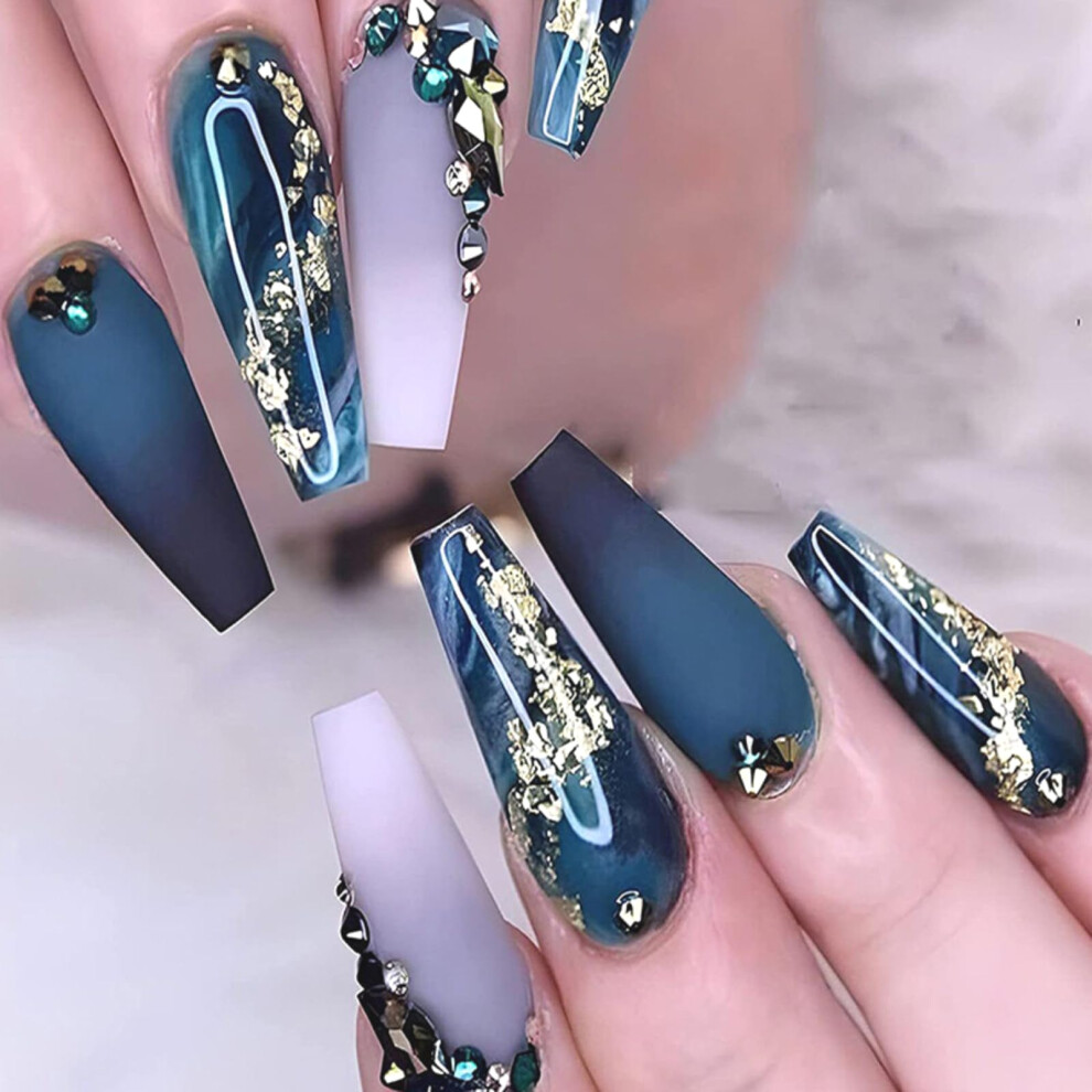Blue Deep Press On Coffin Nails Set With Rhinestones, Medium Length, Glossy Finish, 24Pcs