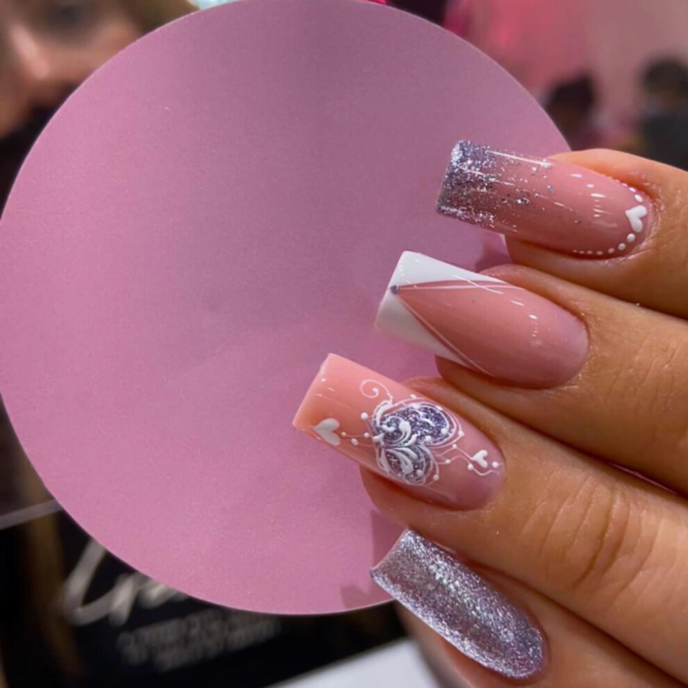 White Long Square Press On Nails With Glue, French Tip Fake Nails With Glitter, 24Pcs Heart Design Acrylic False Nails