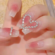 Pink Gradient Press On Nails Medium Square Acrylic Fake Nails with Rhinestone Love Chain for Women 24Pcs