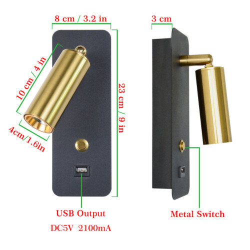 LED Wall Light Key Switch Black Gold - USB Charging Minimalist Bedside Sconce 1