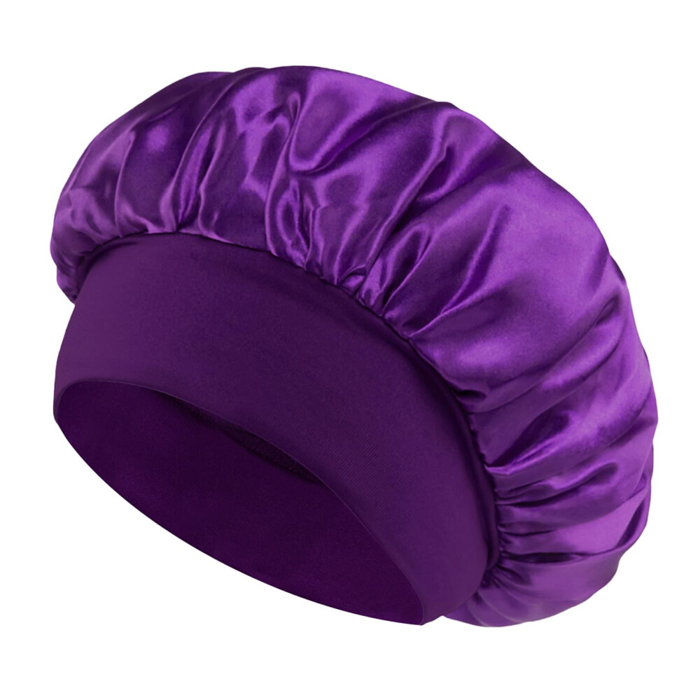 Unisex Purple/Black/White Satin Bonnet For Curly Hair With Adjustable Fit, Antifrizz Silk Sleep Cap For Moisture Retention