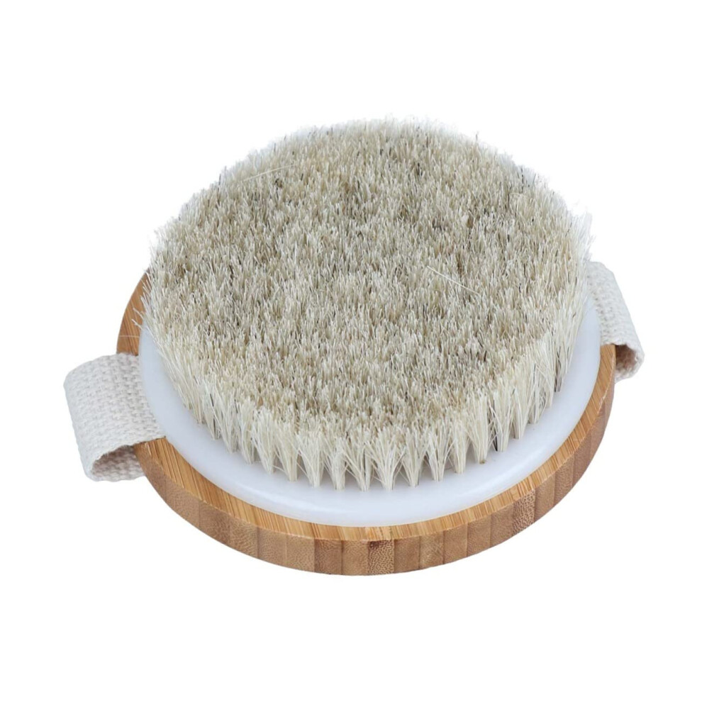 Natural Bamboo Dry Body Brush with Medium Horsehair Bristles, Gentle Exfoliating Back Scrubber
