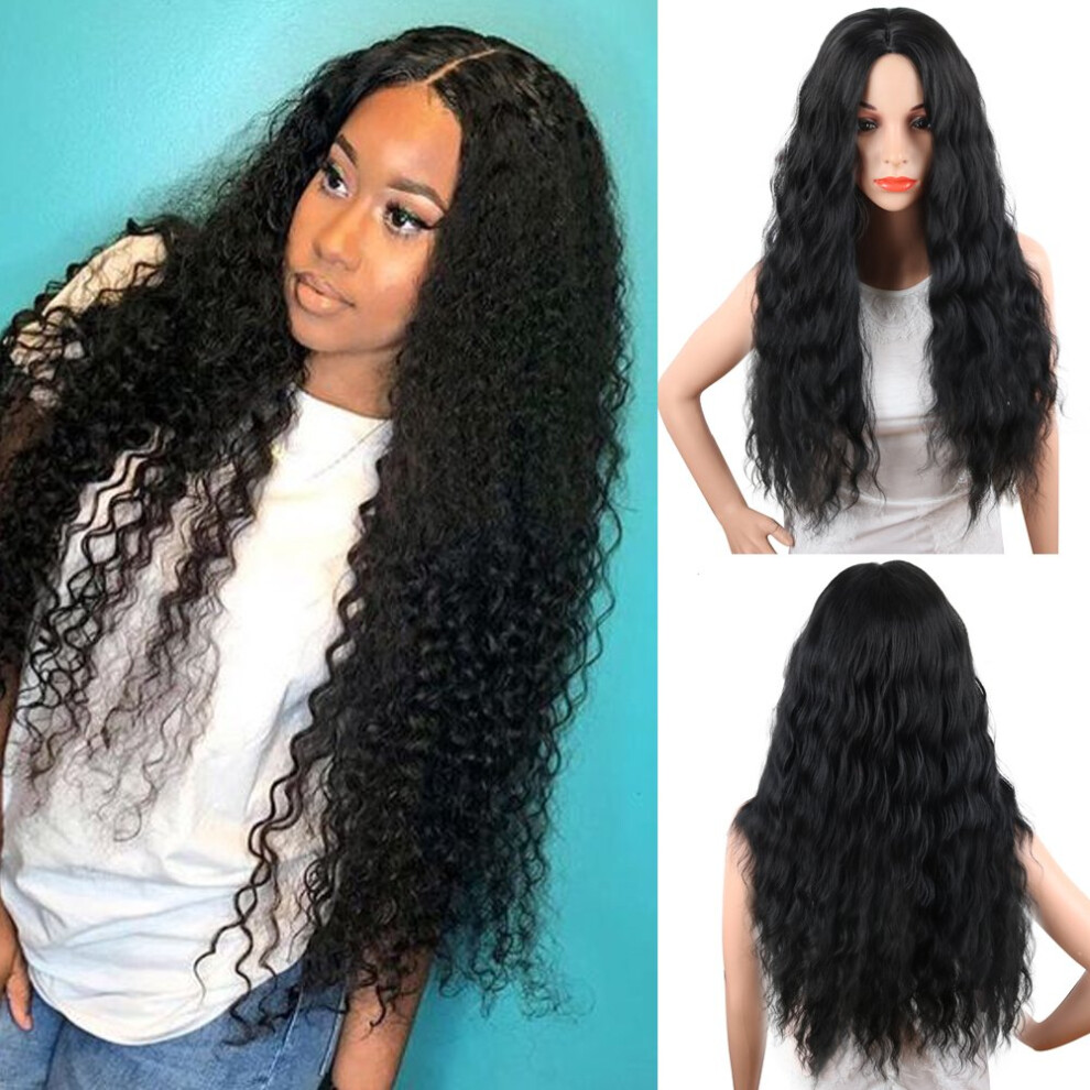 Black Wavy Wig Heat Resistant Long Synthetic Loose Body Wave for African American Women
