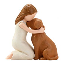 Resin Sculpture Girl Hugging Dog Miniature Figurine for-Brown