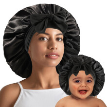 Mommy and Me Silk Bonnet Set Black, Adjustable Satin Sleep Caps for Women and Kids AntiFrizz