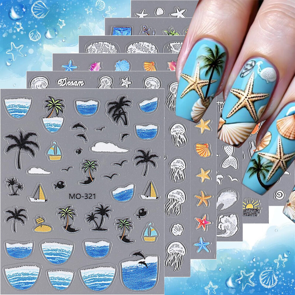 Nail Art Stickers 5D Embossed Starfish and Seashell Ocean Theme SelfAdhesive Summer Beach 6pcs
