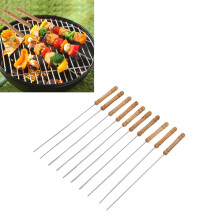 10pcs Barbecue Skewers Wooden Handle Stainless Steel BBQ Kabob Sticks for Outdo