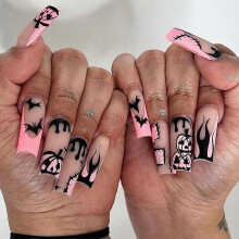 MISUD Halloween Press On Nails Long Square Matte Fake Nails Pink Pumpkin Acrylic Design 24pcs Easy At‑Home Application