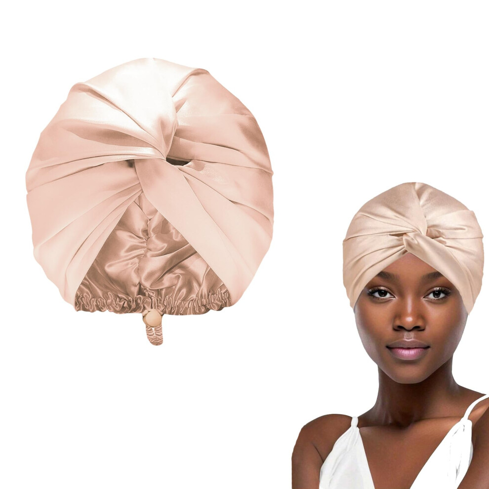 Silk Hair Bonnet for Sleeping Women, Adjustable Double Layer Satin Sleep Cap AntiâFrizz Protection Pink