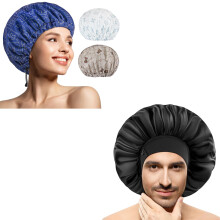 3 Pcs Waterproof Shower Cap and 1 Silk Satin Bonnet Set, Oversized Adjustable Fit for Women and Men