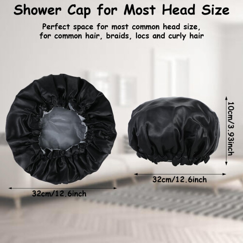 Waterproof Shower Cap for Men, Adjustable Satin Bonnet with Double Layer Design, Extra Large Black 1