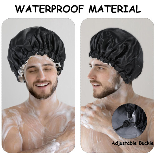 Waterproof Shower Cap for Men, Adjustable Satin Bonnet with Double Layer Design, Extra Large Black 2