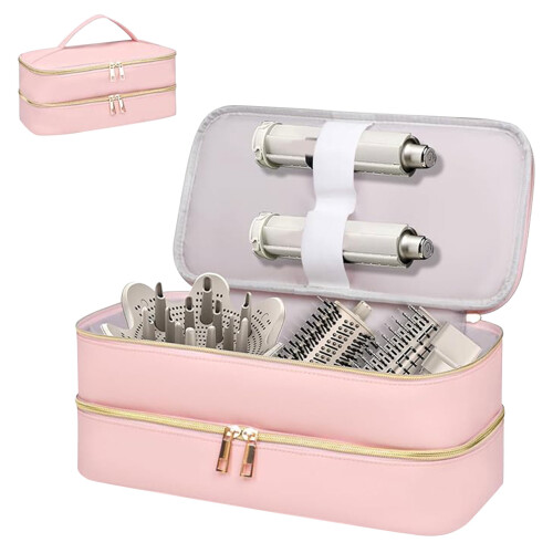 Waterproof PU Hair Dryer Storage Bag Double Layer Handle-Pink