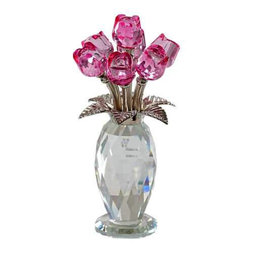 Kristall-Rosen-Blumenfigur mit Vase,-Rosa