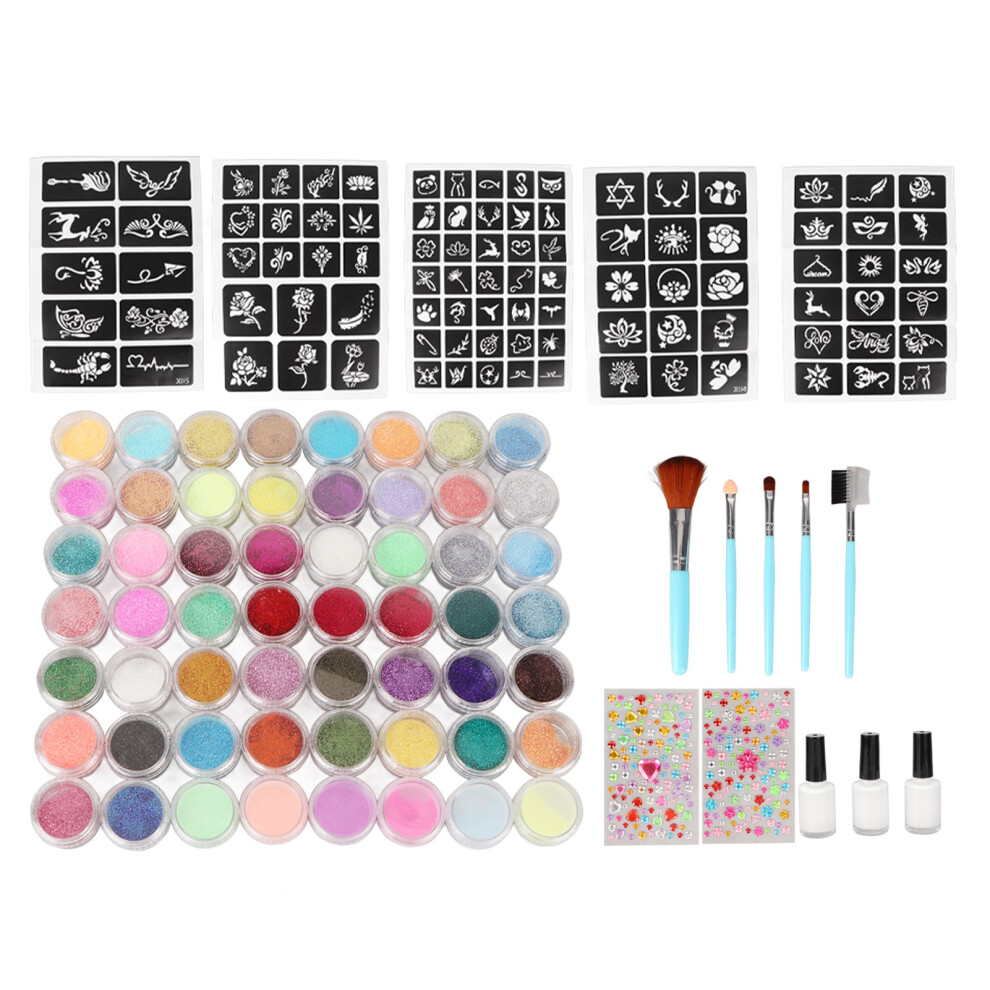 Glitter Tattoo Kit 50 Colors + 6 Luminous Powder 30ml Glue for Face & Body