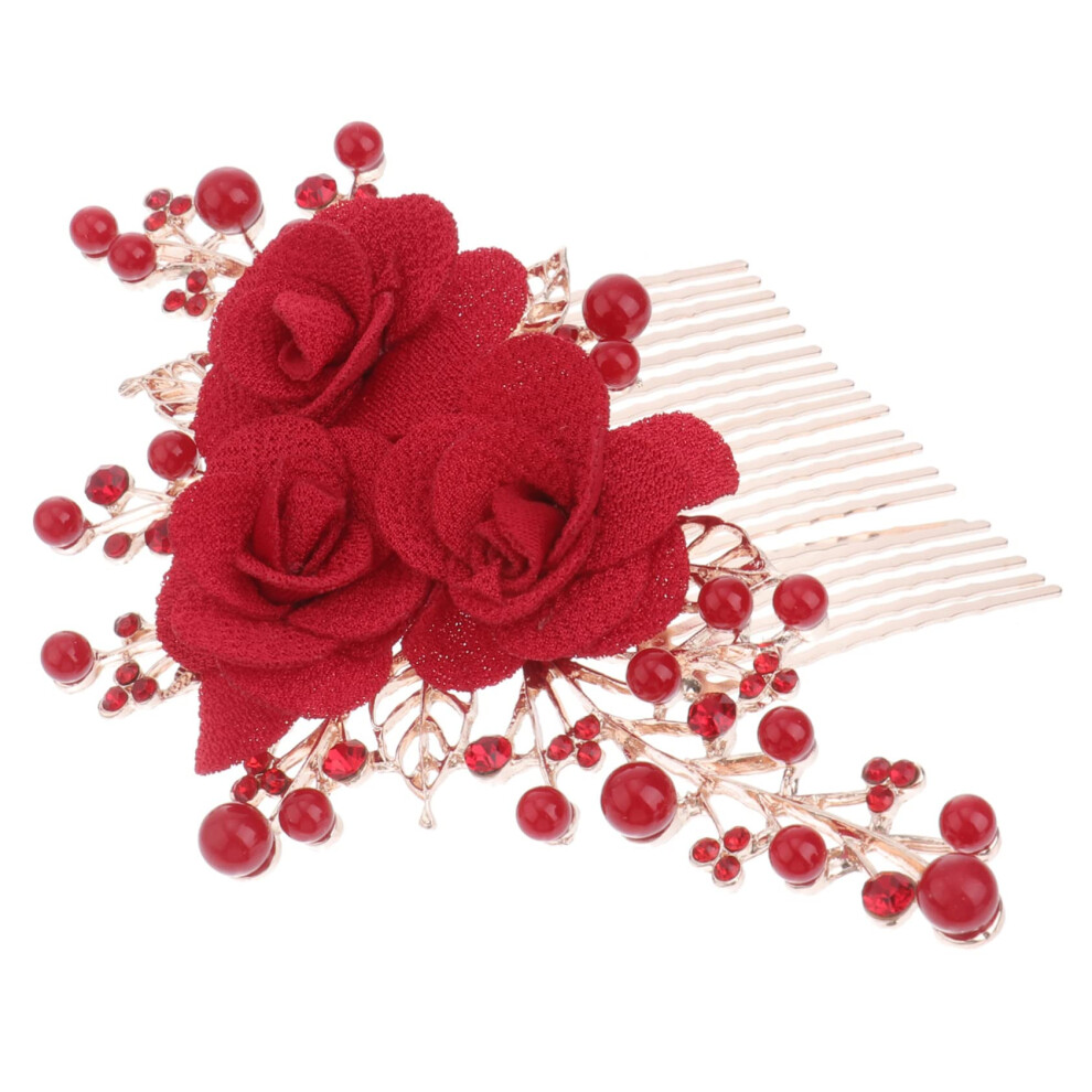 Bridal Hair Comb with Pearls and Red Rose Vintage Wedding Hair Accessory for Brides and Bridesmaids