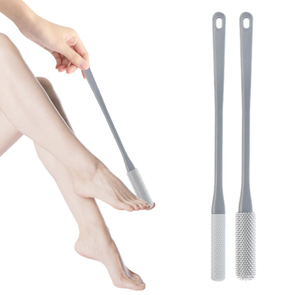 Gray Foot Scrubber And Toe Cleaning Brush, Silicone Bristles, Long Handle For Seniors, 2 Pack
