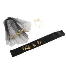 Shiny Black Bride Tiara & Veil with Ribbon Fringe & Sash Wedding Gift for Bride