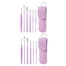 Ear Cleaning Kit, 6 Piece Stainless Steel Earwax Removal Tools with 360 Rotatable Tip and Leather Case (Purple, 2 Sets)