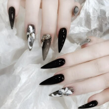 Black Long Almond Press On Nails with Glossy Flower Design, 24pcs Full Cover Fake Nails with Glue