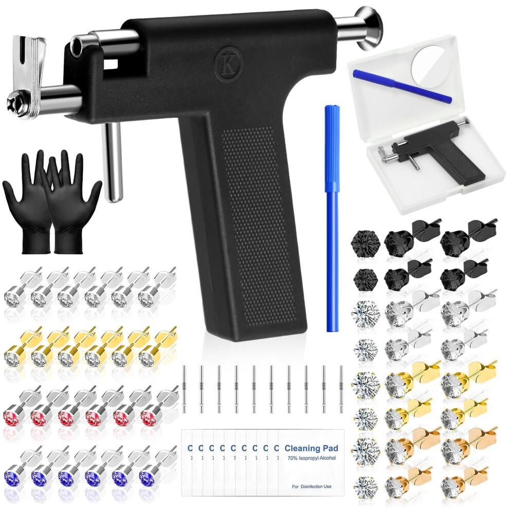 Black Professional Ear Piercing Gun Kit With Colorful Crystal Studs, Fast Trigger Tool For Home And Salon