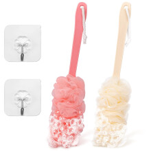 2Pack Back Scrubber for Shower Loofah with 17 Inch Ergonomic Long Handle, Gentle Exfoliating Bath Brush for Back and Body Cleansing, Beige and Pink