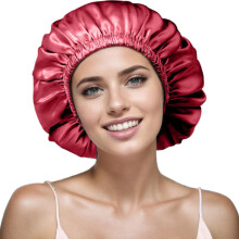 Satin Bonnet for Curly Hair, Reversible Double Layer Silk Hair Bonnet Wine Red Black Medium