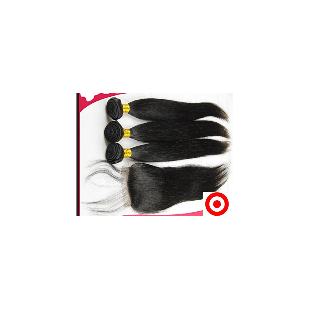 Unisex Peruvian Virgin Straight Hair Bundles With Closure 8A Natural Color 12'+20'+20'+20' Dyeable Weave