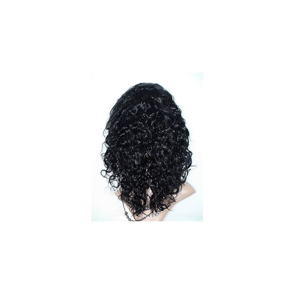 Unisex Black 14 Inch Kinky Curly Human Hair Lace Front Wig Jet Mongolian Virgin Remy Natural Texture Medium Cap