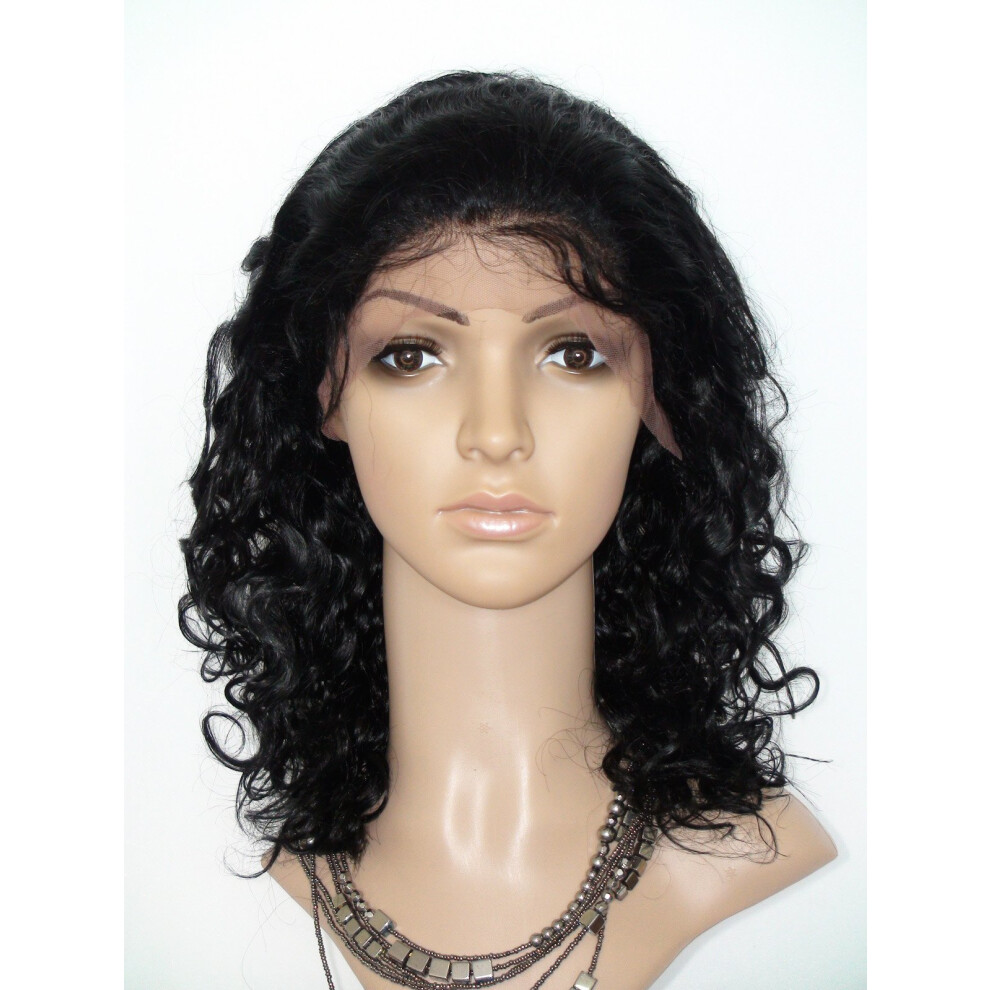 Unisex Black 20 Inch Full Lace Human Hair Wig Afro Curly Jet Medium Cap Chinese Virgin Hair