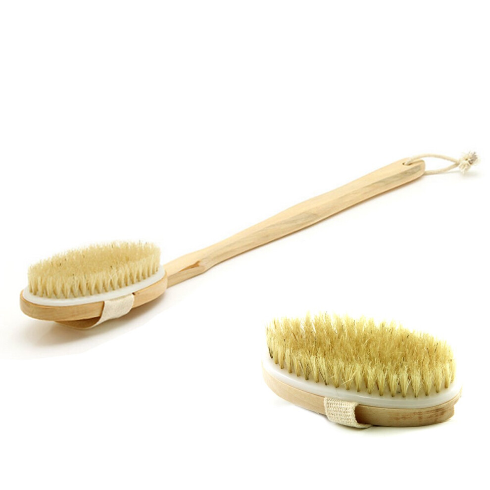 Body Brush with Natural Boar Bristles, Removable Long Handle for Deep Exfoliation and Gentle Skin Cleaning