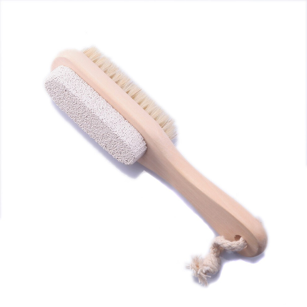 DualSided Foot Scrubber with Natural Pumice Stone and Soft Bristle Brush, Wooden Handle Callus Remover