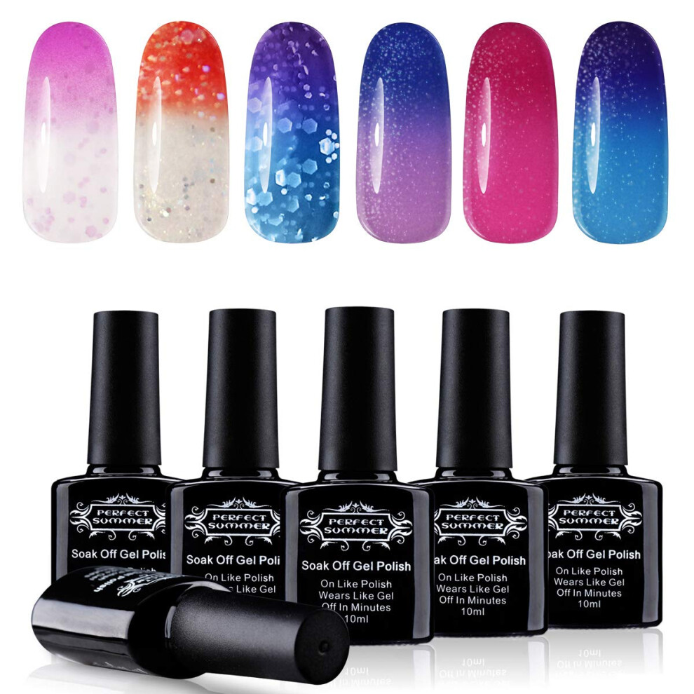 Color Changing Gel Nail Polish Set 6 Colors Temperature Activated UV LED Soak Off Long Lasting Gloss Finish 10ml