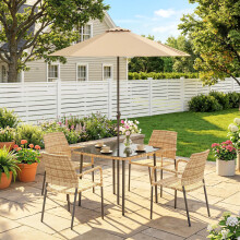 Outsunny 4 Seater Rattan Dining Set with Parasol, Light Brown
