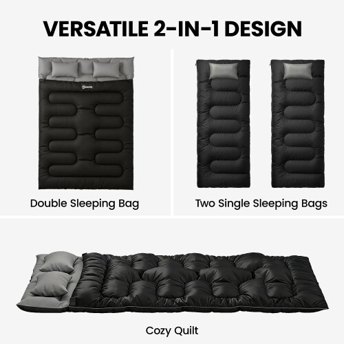 Outsunny Outsunny Double Sleeping Bag with 2 Pillows, 220 x 160cm Sleeping Bag Black 2