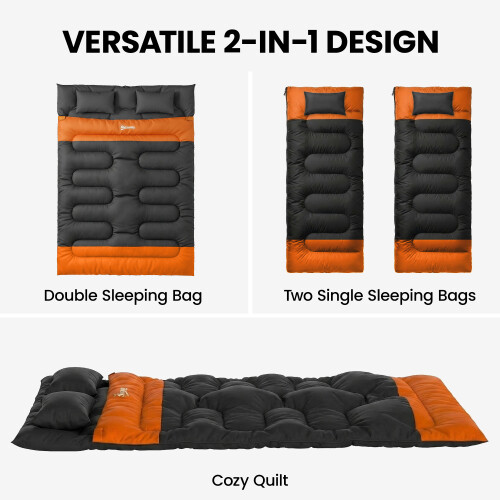 Outsunny Outsunny Double Sleeping Bag with 2 Pillows, 220 x 160cm Sleeping Bag 2