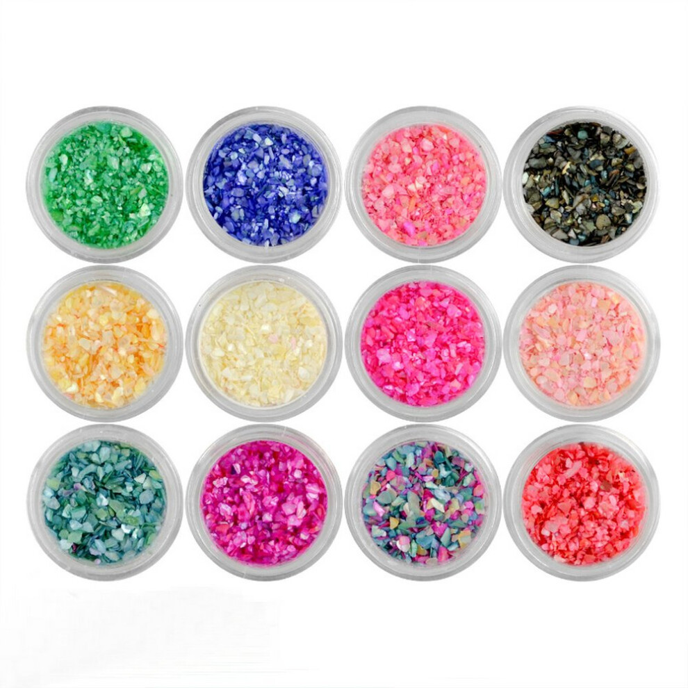 Crushed Shell Nail Glitter 12 Colors Set for Sparkle 3D Nail Art Decorations and DIY Manicure