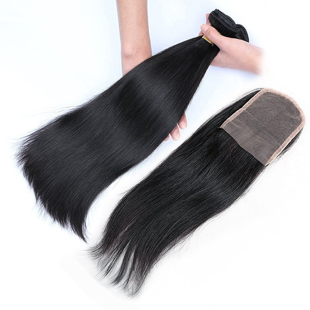 Unisex Brazilian Human Hair Bundles With 4X4 Lace Closure, Unprocessed Virgin Straight Weave, Natural Color 8 8 8+10 Inch
