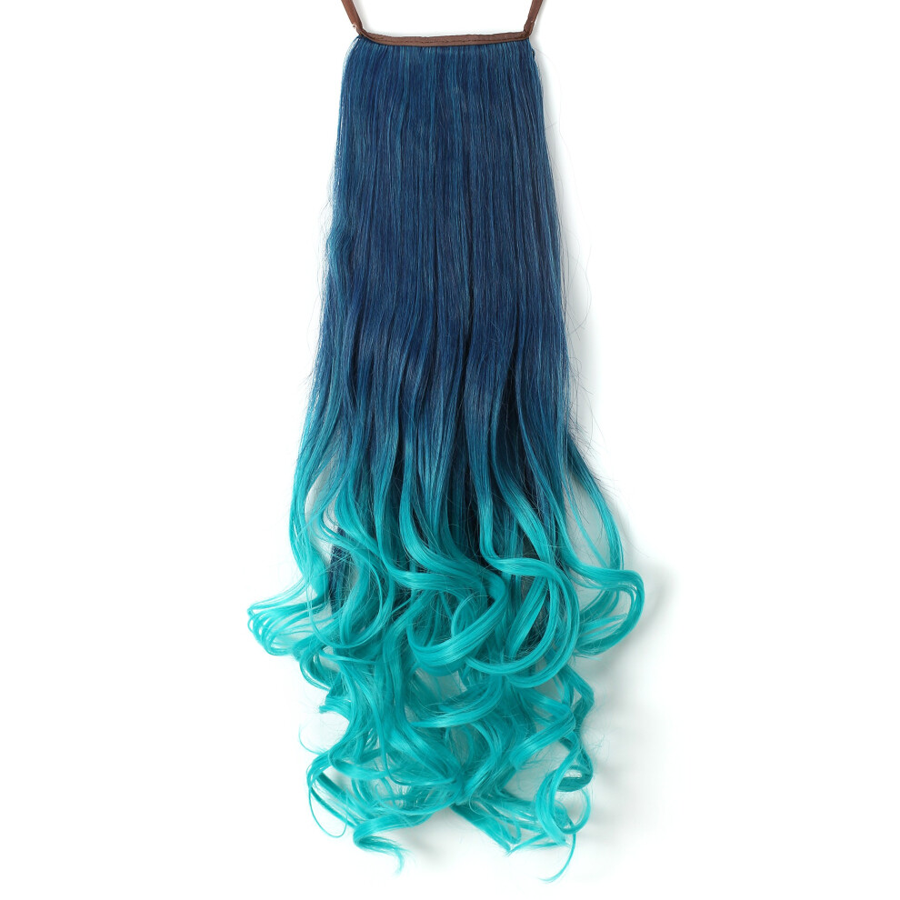 Ponytail Hair Extensions 20 Inch Teal Ombre Synthetic Curly Wrap and Clip Hairpiece