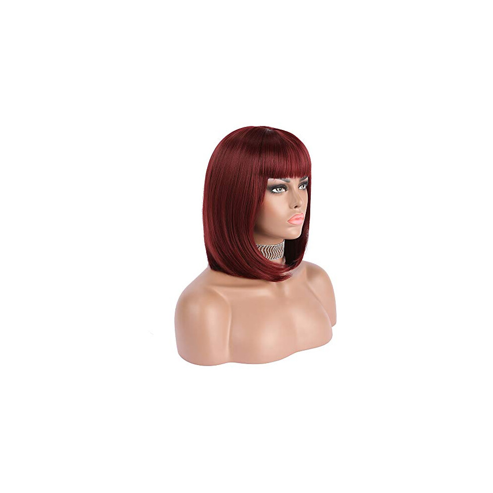 Unisex Red Wine Short Bob Wig With Bangs 12 Inch Heatresistant Synthetic Wigs For Women