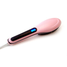 Hair Straightener Brush with Ceramic Detangling Bristles, Adjustable Heat, Fast Styling, Pink