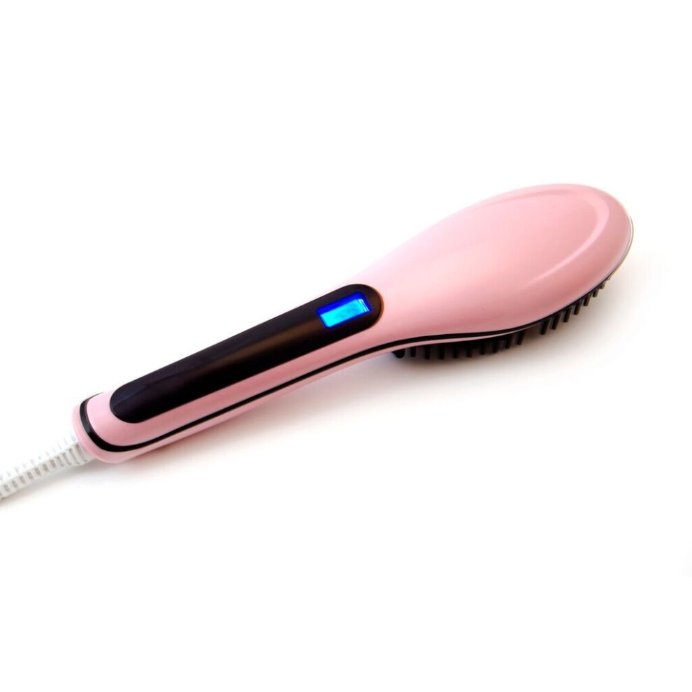 Pink Hair Straightener Brush With Ceramic Detangling Bristles, Adjustable Heat, Fast Styling,