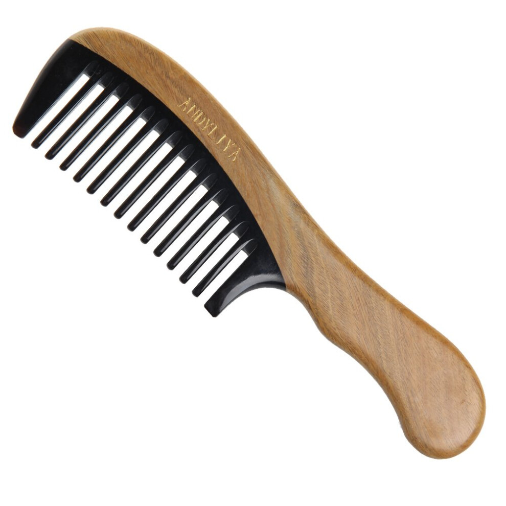 Unisex Green,Black Green Sandalwood Comb With Black Buffalo Horn, Antistatic Wooden Hair Comb For Gentle Scalp Care