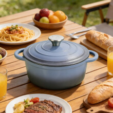 Garden Sanctuary 6L Blue Gray Dutch Oven Pot - Enameled Cast Iron, Heat Resistant Up To 260°C