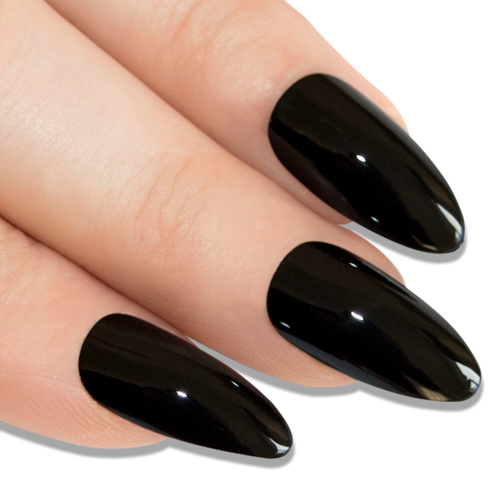 Black Almond Fake Nails Glossy Long Acrylic Press On Tips With Glue Instant Salon Look
