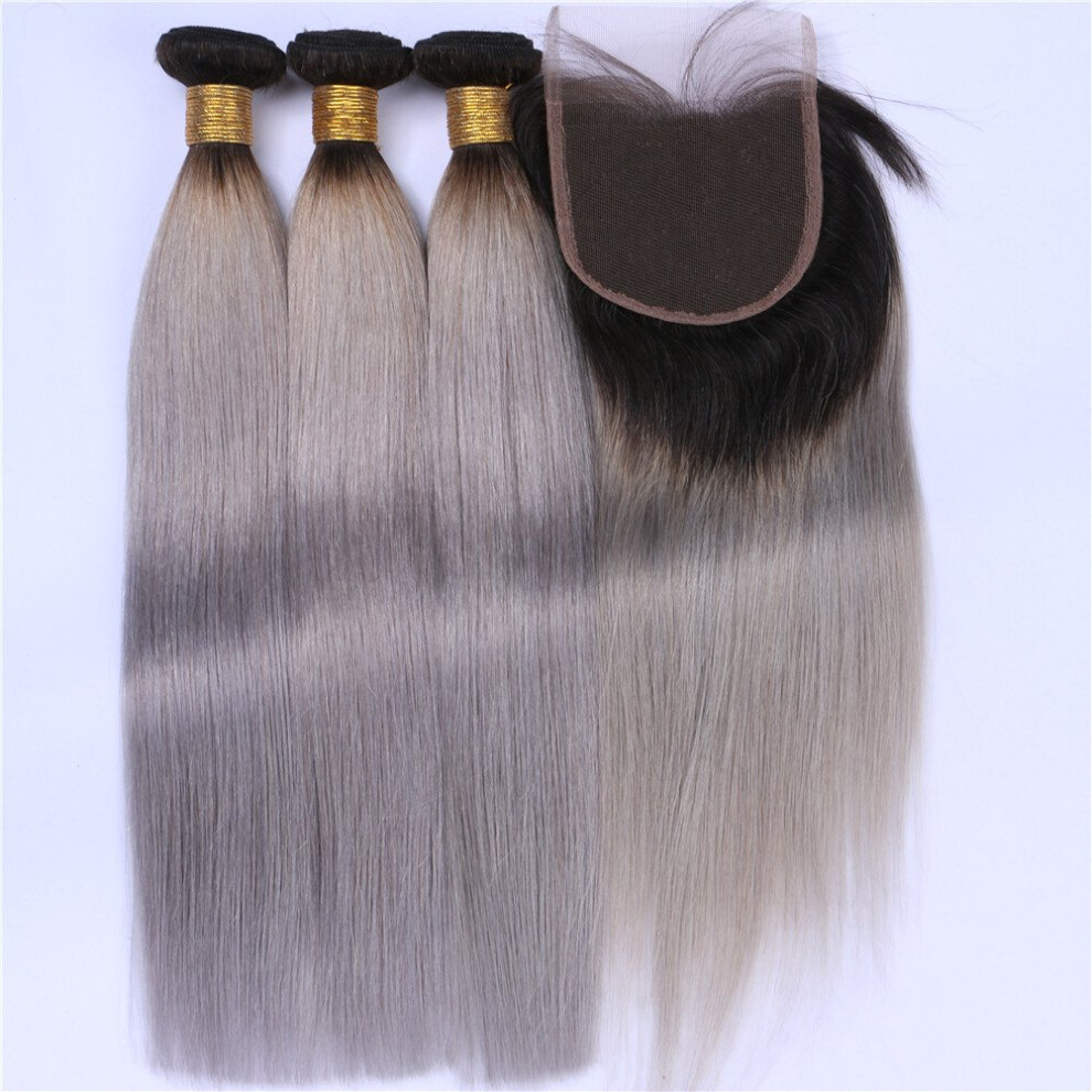 Brazilian Ombre Straight Hair 3 Bundles with Closure 1B Grey Silky Virgin Human Hair Extensions