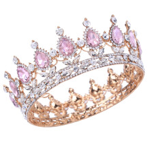 Bridal Tiara Gold Pink Crystal Crown Hair Piece for Wedding Prom Party with Bobby Pins